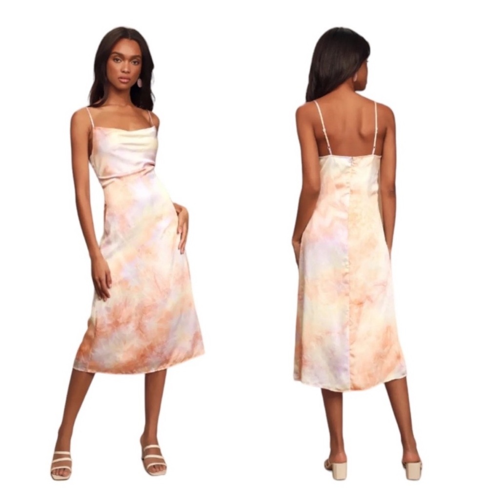 Lulus Tranquil State Tie Dye Satin Midi Slip Dress Purple Cotton size Medium